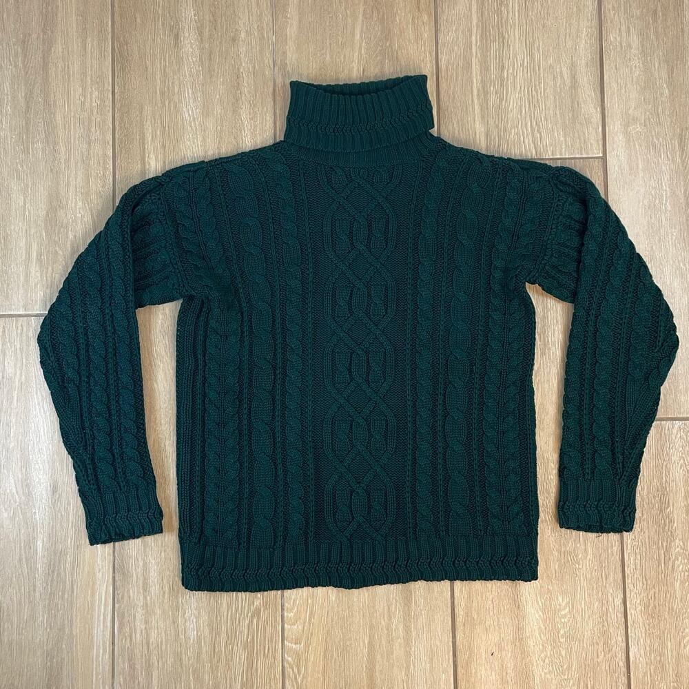 Vintage Cable Knit Turtleneck Sweater Womens S Emerald Green Chunky Winter Cozy